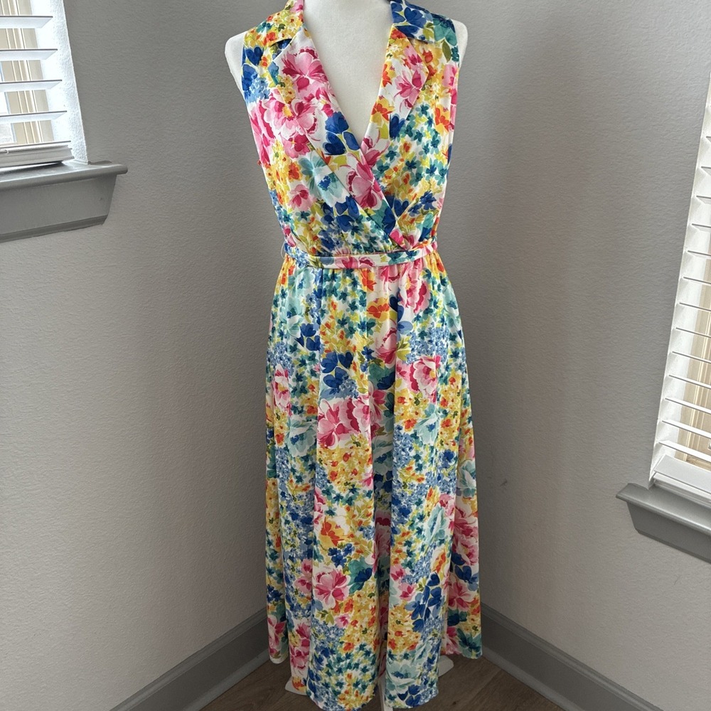 Kensie‎ Faux-Wrap Notched-Lapel Midi Dress Size 10 Floral Tropical Vacation